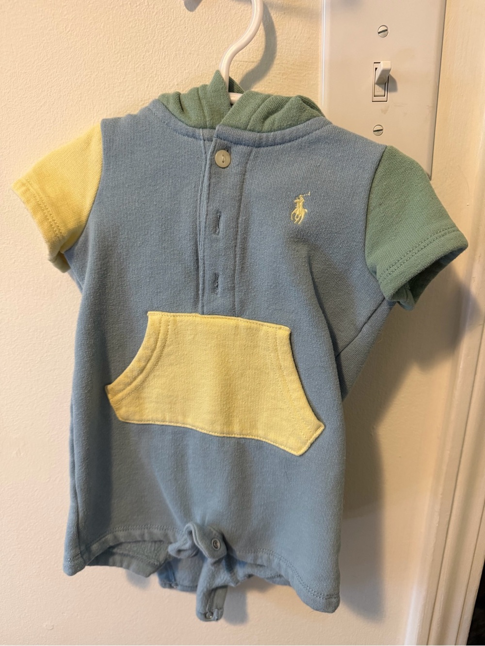 Ralph Lauren Colorblock Baby Romper in Light Blue, Yellow & Green